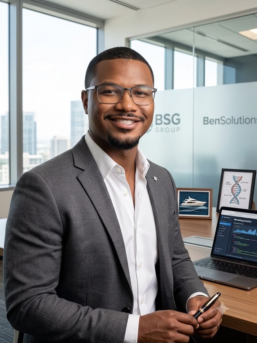 Charly Ben in a gray suit in a BenSolutionsGroup office